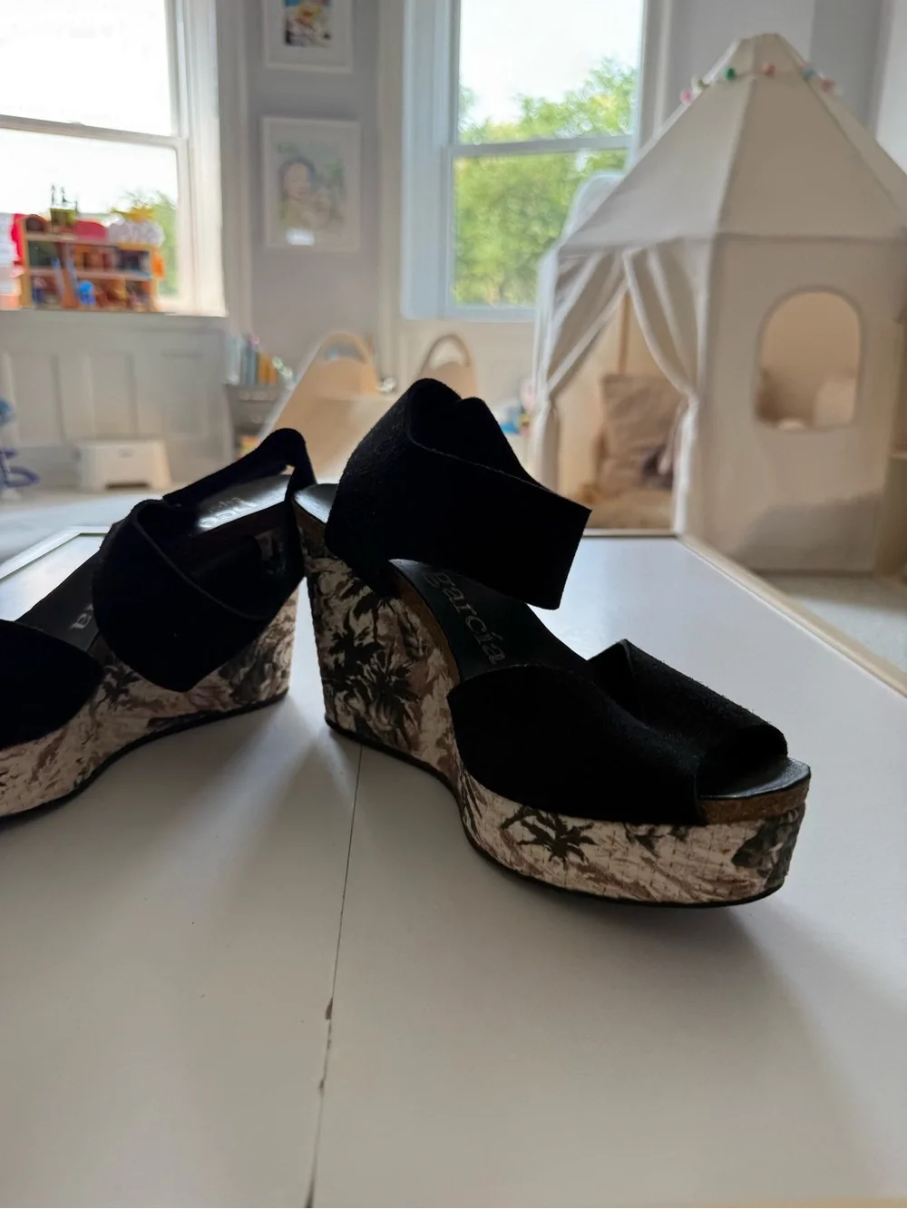 Pedro Garcia Black Suede Wedge Sandals with Patterned Cork Platform